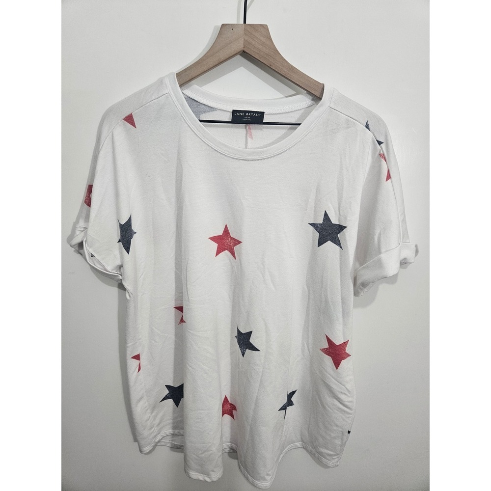 Lane Bryant Womens White Star‎ Print T-Shirt Red Blue Patriotic Tee 14/16